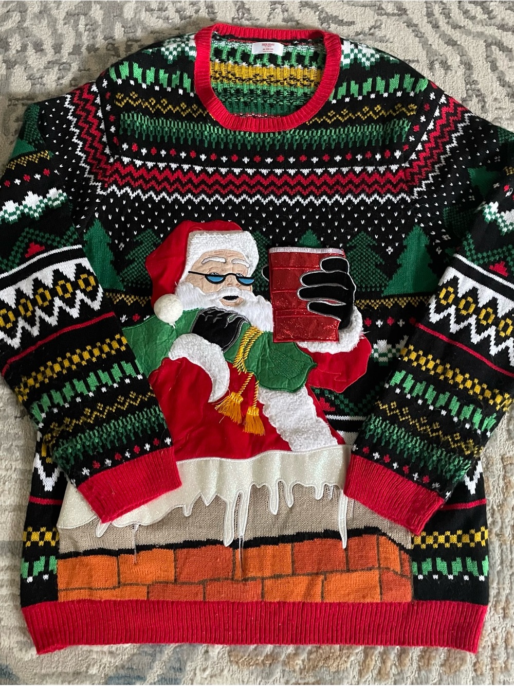 Holiday Time Ugly Christmas Sweater Mens XL Nordic Print Santa Holding Solo Cup